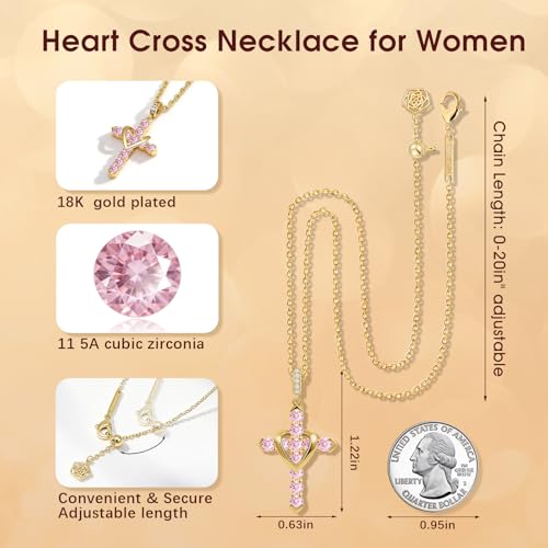 Cross Necklace for Women, Silver Cross Pendant Necklaces | 14K Gold Plated, Dainty CZ Cross Necklace, Non Tarnish and Hypoallergenic Jewelry for Women, Christian Religious Faith Gifts - color: B-Pink-Gold