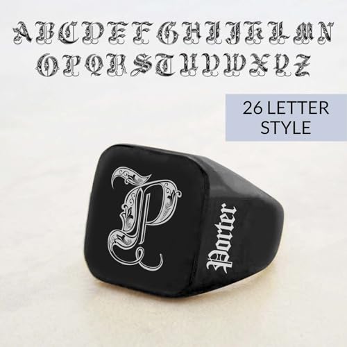 Custom Signet Ring for Men Personalized Initial Ring Custom Mens Rings Engraved Ring Customized Memorial Graduation Gifts for Father Husband Boyfriend Friends - color: Square Black