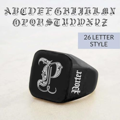 Custom Signet Ring for Men Personalized Initial Ring Custom Mens Rings Engraved Ring Customized Memorial Graduation Gifts for Father Husband Boyfriend Friends - color: Square Black
