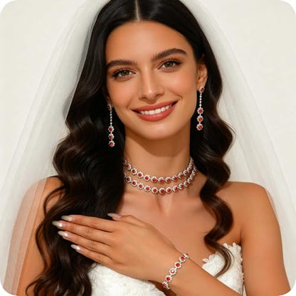 Rhinestone Bridal Wedding Jewelry Set，Crystal Necklace Earrings Bracelet Sets Formal Costume Jewelry for Women and Brides - color: RED