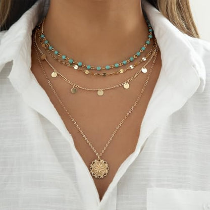 Gold Stack Necklace Chunky Necklaces for Women Trendy Coin Pendant Long Necklaces Western Jewelry for Women Cowgirl Cowboy Chic Country Outfit Boho Accessories Birthday Jewelry Gifts - color: B Boho Turquoise Necklaces