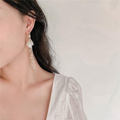 Seashell Pearl Stud Earrings for Women Ocean Sea Theme Sweet Double Layer Acrylic Shell Lightweight Dangle Drop Earrings for Summer Beach Holiday Halloween Party Jewelry Accessories - color: Long pearl shell earrings