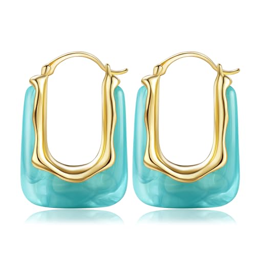 Resin Gold Hoop Earrings Chunky Statement Acrylic Huggie Dangle Fun Jewelry | Colorful Summer Hypoallergenic Drop U Hoops Boho Cute Western Vintage Unique Funky Beach Vacation Outfits for Women Trendy - color: Blue, size: Huggie