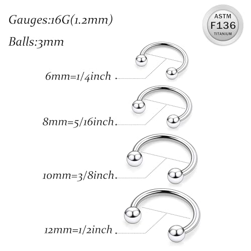 20G 18G 16G 14G 12G Horseshoe Nose Ring Titanium Septum Rings Piercing Jewelry Cartilage Conch Helix Rook Lip Tragus Earring Hoop Eyebrow Retainer For Women Men 6mm 8mm 10mm 12mm 14mm 16mm 19mm - size: Ball: 18G - 6MM