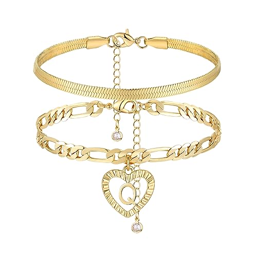 YANODA Gold Ankle Bracelets for Women Waterproof, 14k Gold Plated Layered Snake Anklets Figaro Chain Letter Initial Anklets Handmade Heart Ankle Bracelets Personalized for Women Beach Jewelry Gifts - color: Q