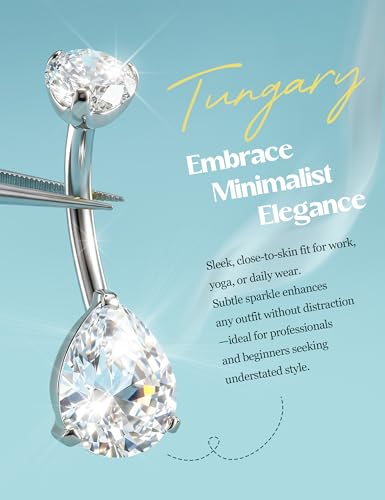 Tungary G23 Titanium Belly Button Rings for Women 14G Internally Threaded | Hypoallergenic Long Navel Piercing Jewelry, 3/8" Implant Grade Dangle Belly Button Piercing, 5A CZ, with Vacuum PVD Finish - color: Teardrop: Titanium Silver