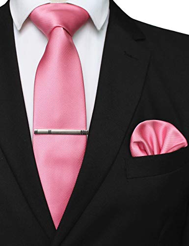 JEMYGINS Solid Color Formal Necktie and Pocket Square Tie Clip Sets for Men - color: Pink
