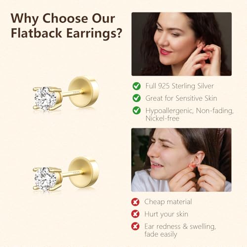 JIAYIQI Minimalist 925 Sterling Silver Stud Earrings Set, 14K Gold Plated Hypoallergenic Tiny Bar Dot Heart Star Studs for Women & Men - style: Gold-4mmCZ-Flatback-1 Pair