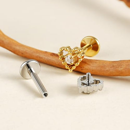 Hollow Heart Piercing Jewelry Collection - ASTM F136 Titanium Internally Threaded Flat Back Stud for Cartilage, Helix, Conch - color: Beaded heart - Gold