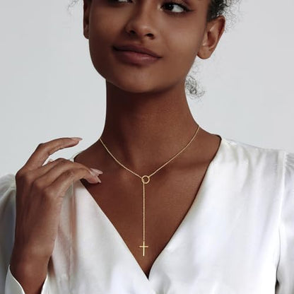 HERIER Lariat Gold Necklace for Women, Dainty Long Necklace 14k Gold Plated/Silver Y-Shaped Layered Beaded Chain Drop Necklaces for Women Trendy Simple Gold Jewelry for Women Gifts - color: Y Cross Necklace-Gold