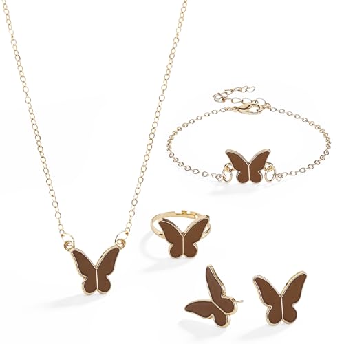 Butterfly Jewelry Set, Including Butterfly Necklace, Bracelet, Stud Earrings, and Adjustable Ring for Women - color: Brown