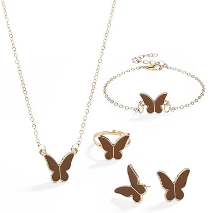 Butterfly Jewelry Set, Including Butterfly Necklace, Bracelet, Stud Earrings, and Adjustable Ring for Women - color: Brown