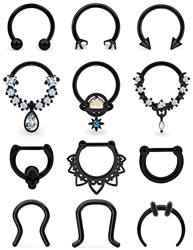 Vsnnsns 16G Septum Rings Piercing Jewelry 316L Stainless Surgical Steel Skull Flower Dangle Clicker Horseshoe Septum Nose Rings Hoop Piercing Jewelry for Women Men Silver Black Rose Gold 10mm - color: Black Tone