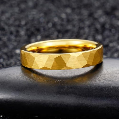 2/4/6/8mm Black/silver/gold Tungsten Rings for Men Womens Couple Fashion Jewelry Promise Engagement Wedding Band Hammered Inner ring inlaid with olive wood Carbide Polished Edge Comfort Fit - color: 4MM golden