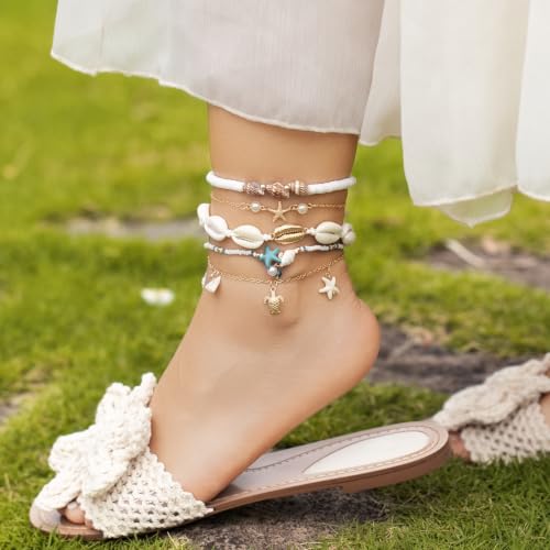 Beaded Anklet Bracelets For Women Waterproof Gold Anklets Jewelry Set Stack | non tarnish free pearl puka seashell beach boho stretchy anklet for summer dainty and tewiky gold plated - color: Blue Starfish