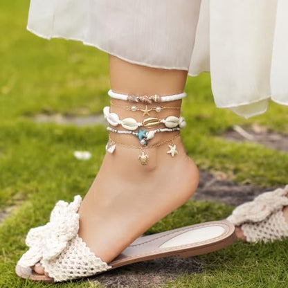 Beaded Anklet Bracelets For Women Waterproof Gold Anklets Jewelry Set Stack | non tarnish free pearl puka seashell beach boho stretchy anklet for summer dainty and tewiky gold plated - color: Blue Starfish