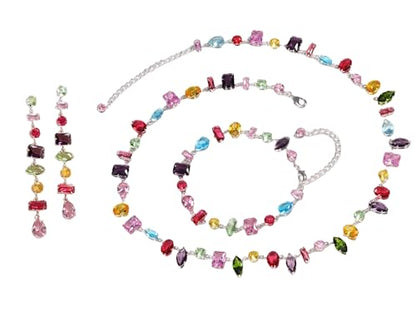 Silver Plated Rainbow Crystal Necklace, Sparkly Cubic Zirconia Rhinestone Multicolor Chain Choker Bracelet Earring Jewelry Set - style: Necklace+Bracelet+Earrings