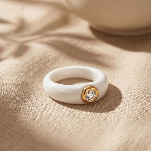 Women's Ceramic Wedding Band & Engagement Ring, Black/White - color: White&Silver