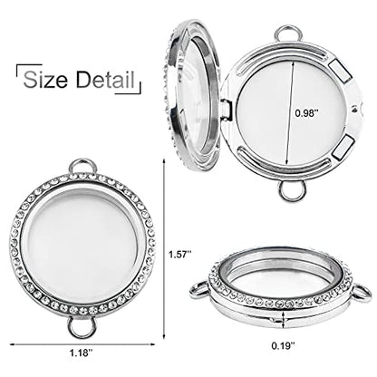WANDIC Rhinestone Photo Charm, 4Pcs Round Shaped Double Buckle Crystal Photo Pendant Bridal Wedding Bouquet Charms Memory Lockets for 2 Pictures