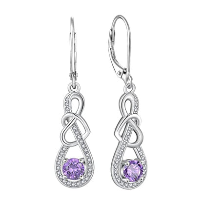 Dangle Drop Earrings for Women 925 Sterling Silver Heart Infinity Leverback Earrings Birthstone Jewelry Gifts for Women Wife Girlfriend Mother Daughter Her - color: 02 February - Amethyst