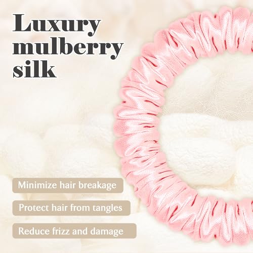 Scrunchies Hair Ties Silk Satin Scrunchy, WantGor Women 4PC Hair Bands | Pure Mulberry Silk Skinny Elastic Scrunchies Bracelets Ponytail Holders Hair Accessories (Champagne,Pink,Black*2) - color: Champagne,Pink,Black*2