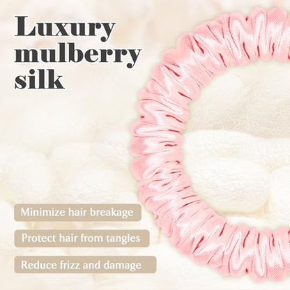 Scrunchies Hair Ties Silk Satin Scrunchy, WantGor Women 4PC Hair Bands | Pure Mulberry Silk Skinny Elastic Scrunchies Bracelets Ponytail Holders Hair Accessories (Champagne,Pink,Black*2) - color: Champagne,Pink,Black*2