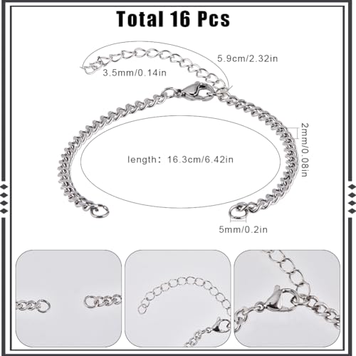 SUNNYCLUE 1 Box 16Pcs Stainless Steel Bracelet Chains Adjustable Slider Chain Bracelets Bulk with Lobster Clasp Metal Silver Extension Links for Jewelry Making FindingsDIY Women Men Crafts