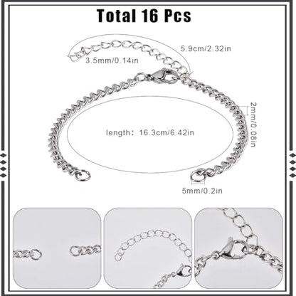 SUNNYCLUE 1 Box 16Pcs Stainless Steel Bracelet Chains Adjustable Slider Chain Bracelets Bulk with Lobster Clasp Metal Silver Extension Links for Jewelry Making FindingsDIY Women Men Crafts