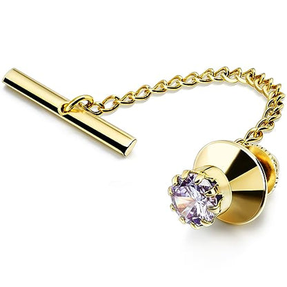 HAWSON Mens Tie Tack with Chain Round Crystal Wedding Business Accessories - color: Gold + Violet