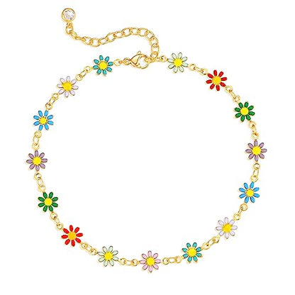 Gold Anklets for Women 14K Gold Plated Tiny Bead Anklet Colorful Tassel Foot Chain Dainty Adjustable Cute Summer Beach Boho Anklets Jewelry Gift - color: colorful daisies