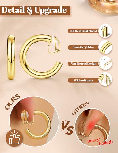BESTEEL 3Pairs Clip on Earrings for Women Trendy Chunky Hoops Fake Earrings | Hypoallergenic 14K Gold Plated Lightweight Tube Croissant Waterdrop Clip-on Earrings Set Non Pierced Earrings Jewelry Gift - color: Gold-Stylish