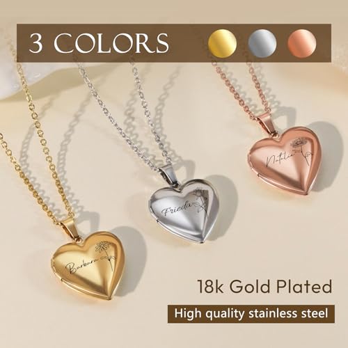 Personalized Heart Locket Necklace Customize Photo 925 Sterling Silver Picture Locket Necklace for Women Girls kids Engraved Birth Flower and Text Birthday Christmas Gifts for Women Girls Kids - color: Heart Silver