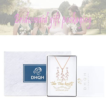 DHQH Bridesmaid Necklace Earrings Set Gifts I Couldn't Say I DO Without You Cubic Zirconia Leaf Pendant Necklace Bridesmaid Proposal Gift Set of 4 6 - color: rose-leaf-4set