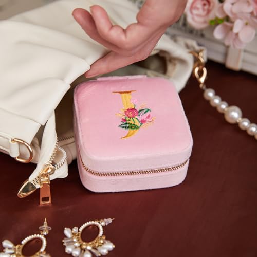 Smileshe Personalized Gifts for Mom Mothers Day, Birthday, Graduation Gift for Girls Fashion, Travel for Teen Girls Trendy Stuff, Velvet Jewelry Box with Flower, Letter J, Pink - color: PlushVelvet Pink-J