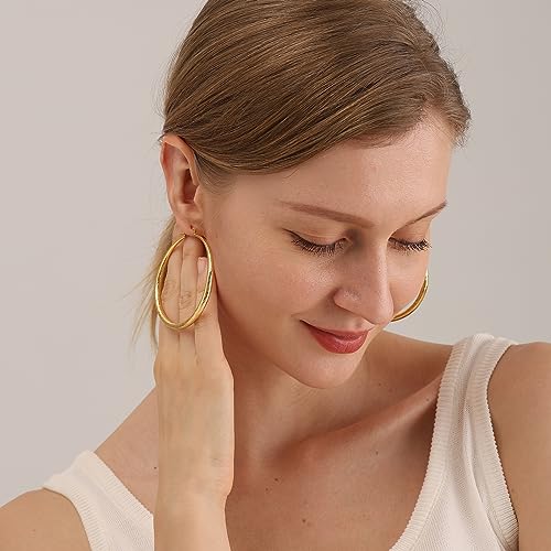 OOOPEL 925 Sterling Silver Hoop for Women Gold Hoop Earrings Hypoallergenic Diamond-Cut Ripples Designed - Non Tarnish Large Hoop Earrings(30/40/50/60/70mm) - color: Gold-50mm