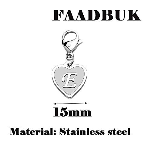 FAADBUK Initial Letter A-Z Alphabet Heart Charms for Jewelry Bracelet Keychain Necklace Initial Stainless steel Clasp Clip on Charm - color: intial E