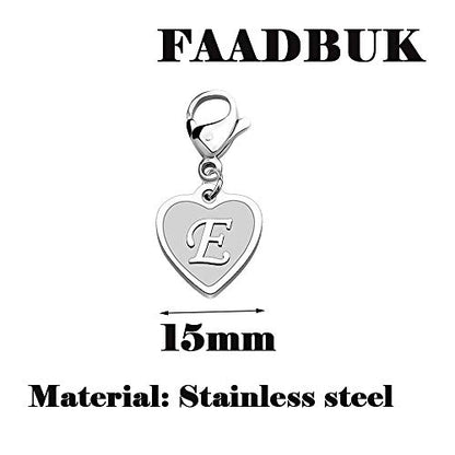 FAADBUK Initial Letter A-Z Alphabet Heart Charms for Jewelry Bracelet Keychain Necklace Initial Stainless steel Clasp Clip on Charm - color: intial E