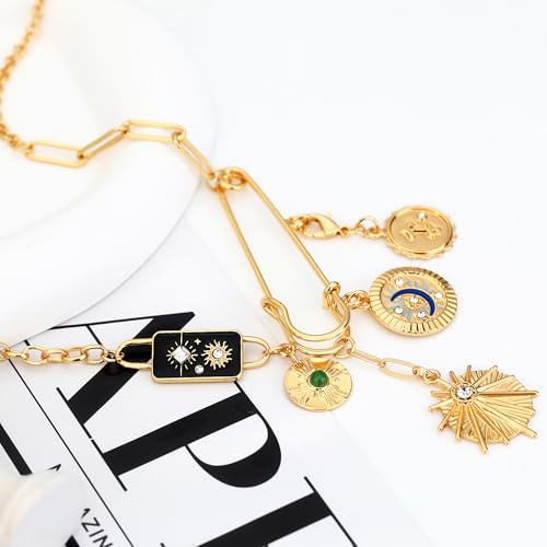 Charm Necklace for Women Gold Evil Eye Sun Moon Flower Coin Pendant Necklace Dainty Paperclip Chain Vintage Luck Amulet Choker Necklaces Celestial Jewelry Gift - style: Detachable- Sun, Moon, Star