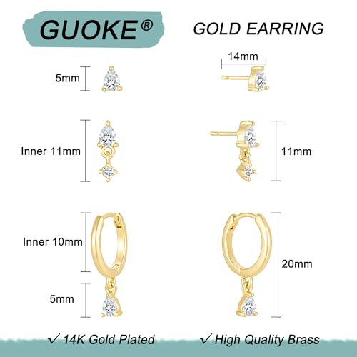 3 Pairs Earring Stacks, Gold Earring Set Jewelry Gift for Women | Small, 14K Gold/White Gold/Black/Rose Gold Plated, Hypoallergenic, Her, Everday, Stackable, Simple, 3 Holes - color: Gold-Teardrop