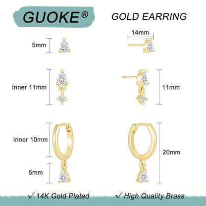 3 Pairs Earring Stacks, Gold Earring Set Jewelry Gift for Women | Small, 14K Gold/White Gold/Black/Rose Gold Plated, Hypoallergenic, Her, Everday, Stackable, Simple, 3 Holes - color: Gold-Teardrop