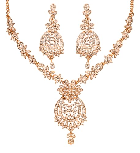 Touchstone Indian jewelry sets for women maang tikka wedding guest gold necklace bollywood jewellery set pageant elegant prom bride accessories western crystal chunky rhinestone necklaces - color: 1 4 White in gold plating without tika