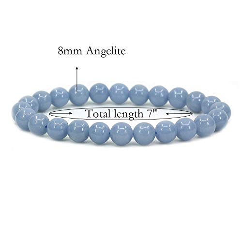 Angelstones Gemstones 8mm Round Beads Healing Crystal Bracelet for women | Natural Gemstone, Handmade Gifts for Women, Healing Crystal Round Beaded Stretch Bracelets, Unisex Jewelry for Women and Men - color: Blue Angelite