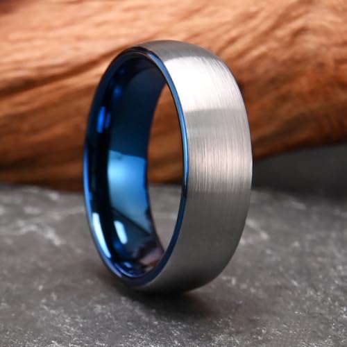 Tungsten Rings for Men Black Golden/Silver Blue Wedding Band | 7MM Mens and Women Engagement Wedding Rings Matte Brushed and High Polish Suitable for Couples' Anniversaries and Parties - color: 7mm silver and blue