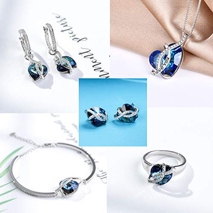 AOBOCO I Love You Jewelry - Sterling Silver Blue Purple Love Heart Bangle Bracelet Embellished with Crystals from Austria, Fine Anniversary Birthday Jewelry Gifts for Women - style: 03 Infinity Blue Bracelet