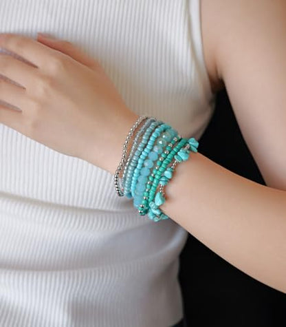 Noessla Boho Beaded Bracelets for Women Stackable Irregular Natural Stone Bead Stretch Bracelet Set 8PCS Costume Jewelry Gifts for Her - color: Turquoise