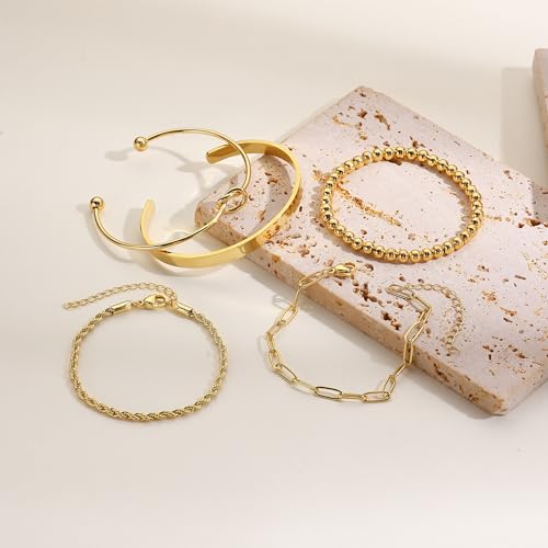 Gold Bangle Bracelets for Women Non Tarnish, 18k Gold Bracelet Stack Layered Chunky Cuff Bracelet Knot Cross Bowknot Bracelets Trendy Jewelry Set for Women Gifts - color: S02