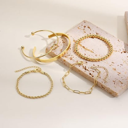 Gold Bangle Bracelets for Women Non Tarnish, 18k Gold Bracelet Stack Layered Chunky Cuff Bracelet Knot Cross Bowknot Bracelets Trendy Jewelry Set for Women Gifts - color: S02