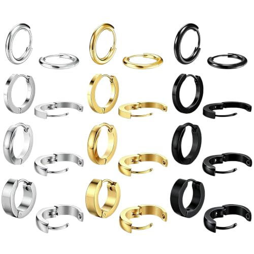 NEWITIN 12 Pairs Stainless Steel Hoop Earrings for Men Women Huggie Earring | Hypoallergenic, Gold Silver Black, Sensitive Ears, Multi Style, Lightweight Round Circle Earring, Unisex Earrings, Men Hoops