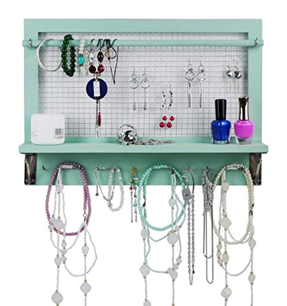Jewelry Organizer, Wall Mount Jewelry Holder Rack with Hooks Shelf and Removable Rod Hanging Display Earrings Necklaces Bracelets Rings Storage Accessories Wood in Shabby Chic Turquoise - color: Shabby Chic Turquoise