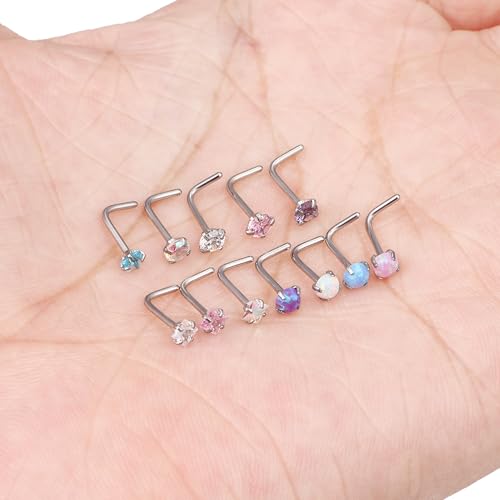 Hypoallergenic Nose Rings Studs 18G & 20G Surgical Steel Nose Studs L Shaped Nostril Piercing Jewelry with Cubic Zirconia for Women & Men - color: 20g,L-shape,crystal+opal